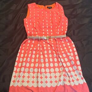 Tahari Coral and White Polka Dot Midi Dress
